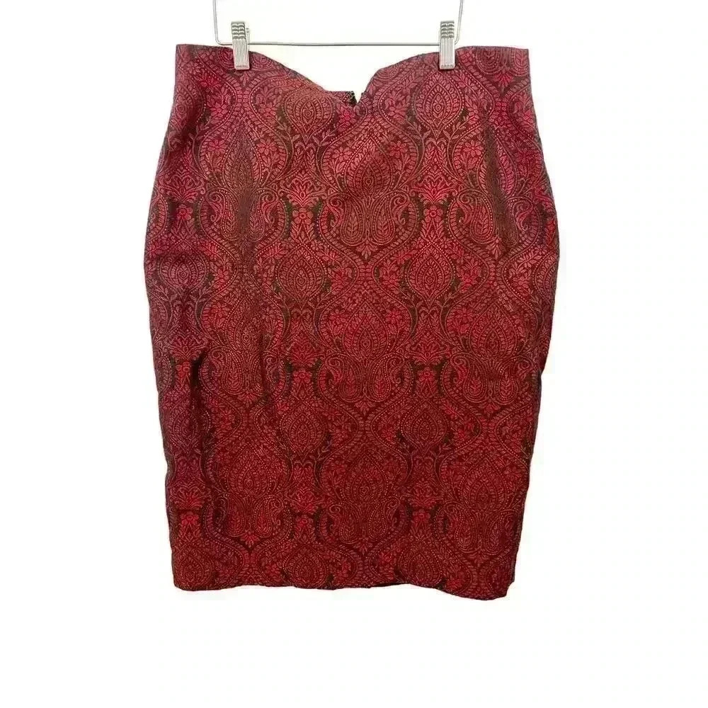 Worthington Red Paisley Pencil Skirt Sz 14‎ Lined Business